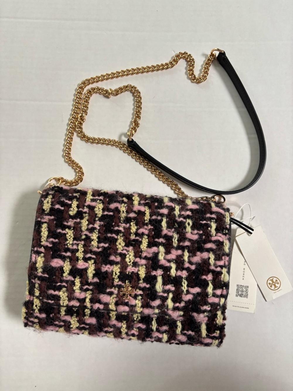 New! Tory Burch Emerson Tweed Chain Wallet Small Size MSRP $398